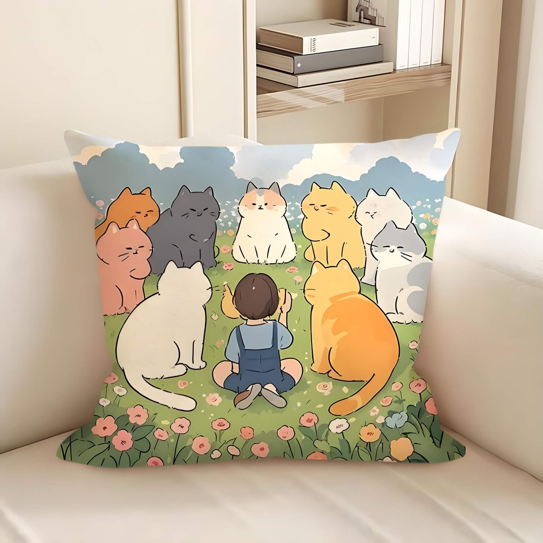 9 cats are sitting around a girl